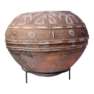 Vintage African Clay Pot on Metal Stand Burkina Faso For Sale
