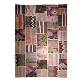 Mid 20th Century Bohemian Turkish Kilim Patchwork Rug With Tribal Motifs -5' 7'' X 9' 10'' For Sale