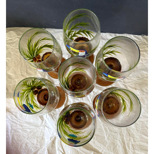 Late 20th Century Late 20th Century Set of Seven Hand-Painted Tropical Toucan Wine Glasses With Amber Stems. Coastal Tropical Entertaining For Sale - Image 5 of 9