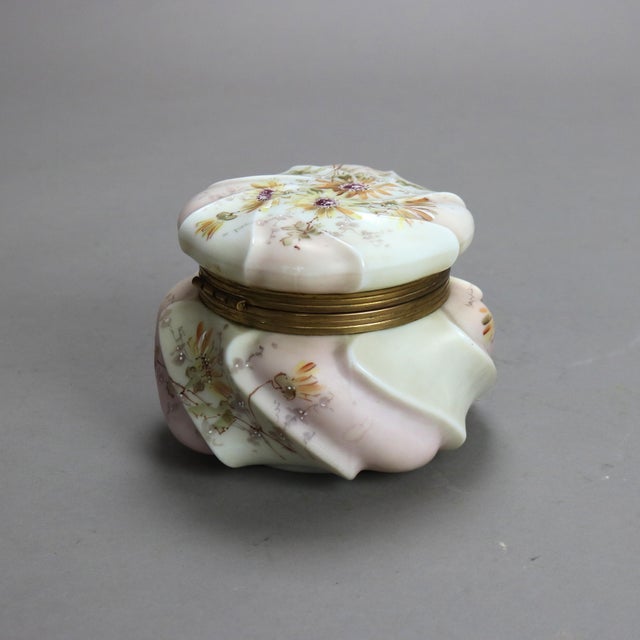 Metal Antique Wavecrest Floral Hand Painted Glass Dresser Box with Wildflowers, 19th Century For Sale - Image 7 of 8