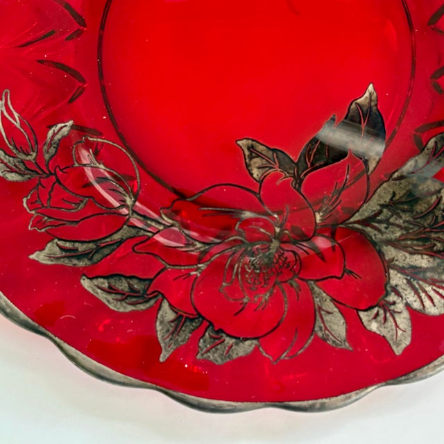 Vintage 40th Anniversary Ruby Red Glass Handled Plate With Silver Floral Overlay, 13” For Sale In Miami - Image 6 of 9