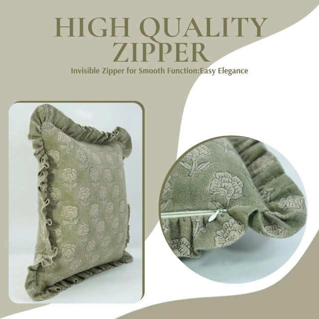 Art Deco Fabdivine Ethnic Block Print Frill Cushion Cover Green 22x22 Inch Thick Linen- Rohini For Sale - Image 3 of 5