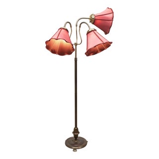 Swedish Floor Lamp with Red Satin Shades, 1940s For Sale
