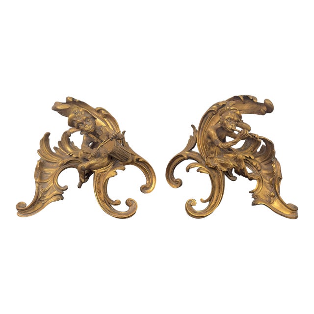 19th Century French Rococo Gilt Bronze Doré Monkey Andirons - a Pair For Sale