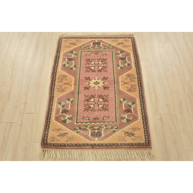 Tribal Milas Rug 3’2” X 4’4” Pink Wool Vintage Tribal Hand-Knotted Oriental Carpet For Sale - Image 3 of 12
