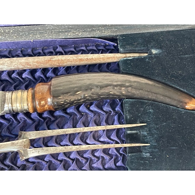 English Antique English Stag Horn Carving Set of 3 Christopher Johnson Sheffield with box For Sale - Image 3 of 5
