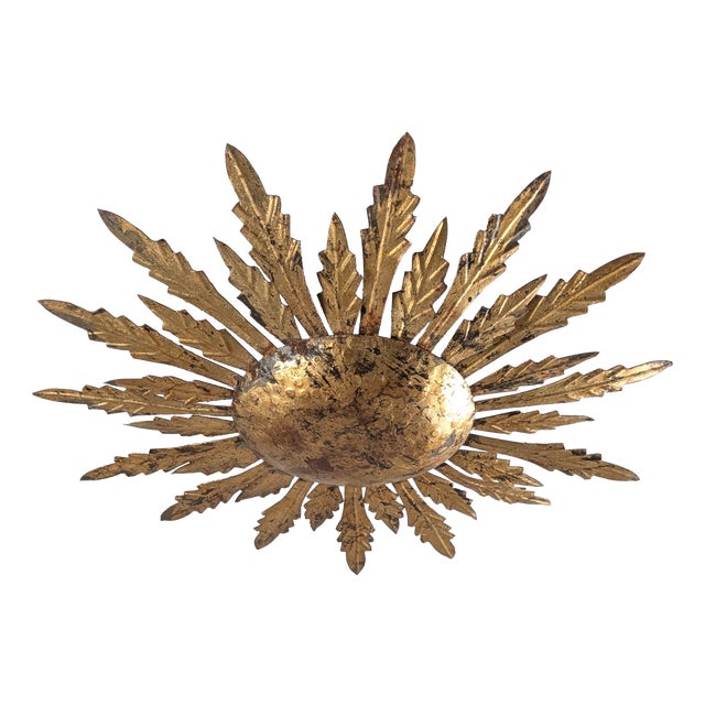 Mid-Century Gilt Metal Sunburst Flush Mount with Leaf Rays, 1950s For Sale