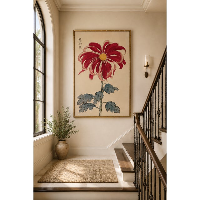 Paper Asian Floral Giclee, Vintage Japanese Red Botanical Art Print, 36" X 54" For Sale - Image 7 of 9