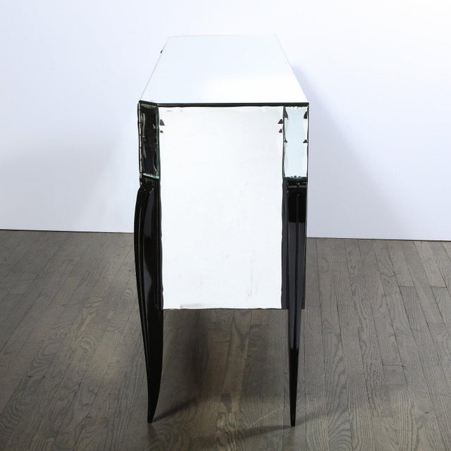 Silver French 1940s Art Deco Beveled Mirrored Chest With Ebonized Walnut Cabriolet Legs For Sale - Image 8 of 12
