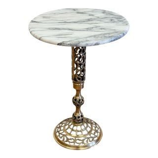 Vintage French Style Marble Top Table W/ Brass Filigree Base For Sale