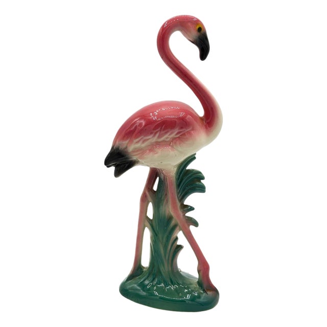 1950s California Pottery Tropical Ceramic "The Stroller" Pink Flamingo Figurine For Sale