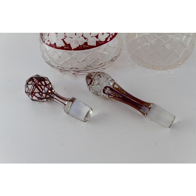 Bohemian Crystal Ruby Decanters with Wine Leaves, 1920s, Set of 2 For Sale - Image 12 of 18