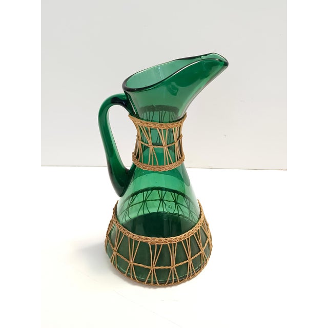 Wood Green Hand Blown Glass and Wicker Jug, Empoli, Italy, 1960s For Sale - Image 7 of 13