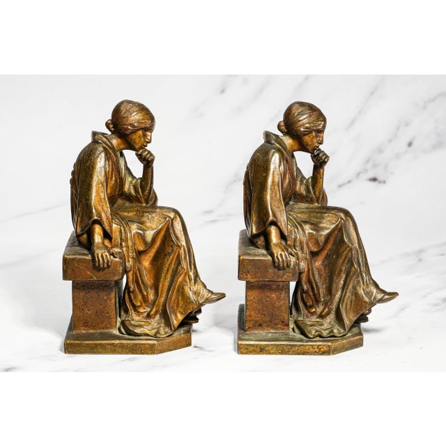 Rare Antique Bertolini Clemente “Pensive” Bronze Woman Figural Sculpture Statue Bookends Ovington New York Luxury Home Decor Art For Sale - Image 14 of 18