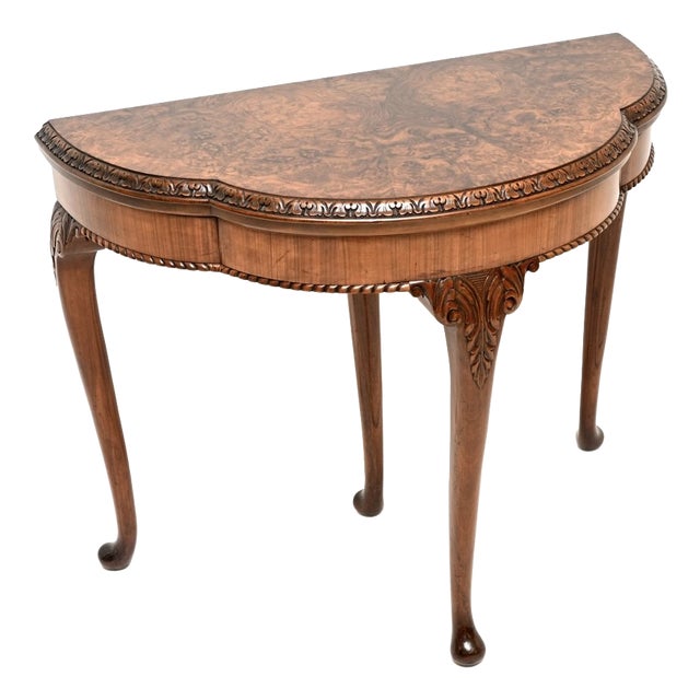 Vintage Queen Anne Style Burr Walnut Console Table, 1920 For Sale