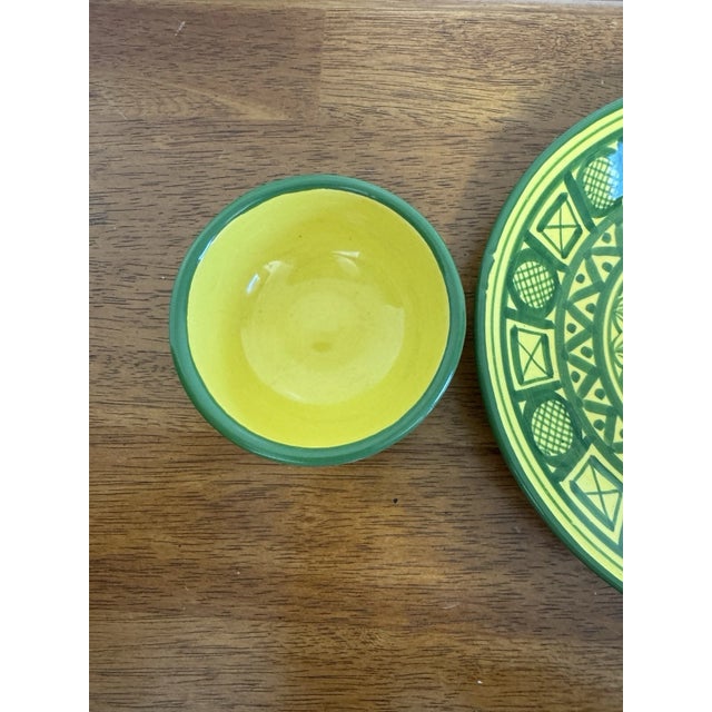 Vintage Mexican Pottery Chip & Dip Serving Set Hand Painted Yellow Green 2Pc For Sale - Image 10 of 14
