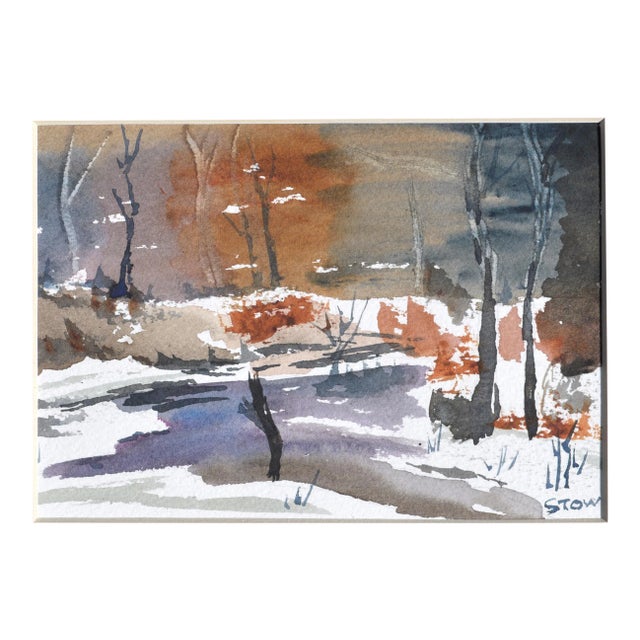 Maryann Stow Frozen Pond Watercolor Landscape circa 1980 For Sale