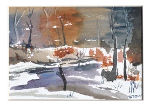 Maryann Stow Frozen Pond Watercolor Landscape circa 1980