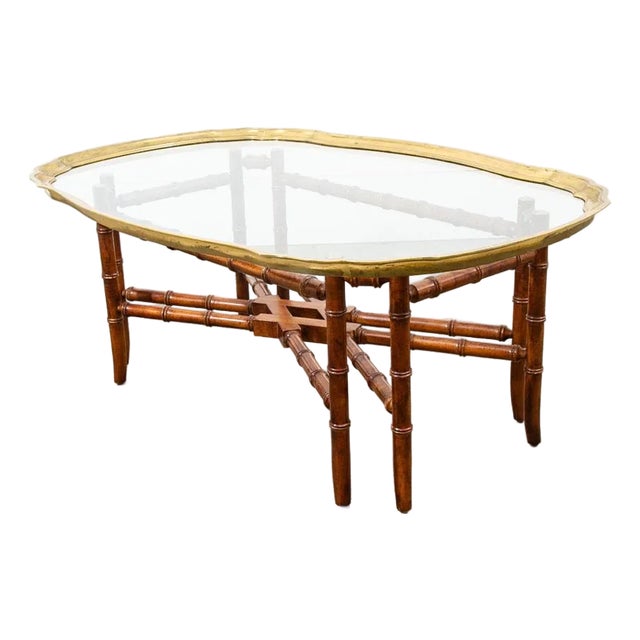 1960s Mid Century Modern Cocktail Table Coffee Side End Glass Brass Gold Bamboo For Sale