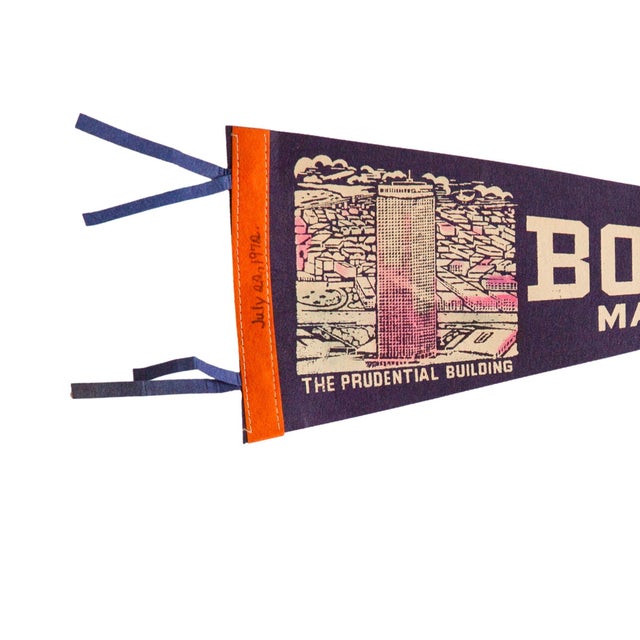 Vintage Boston Massachusetts felt flag pennant circa 1970. A deep indigo blue mid-century souvenir from Boston, MA with a...