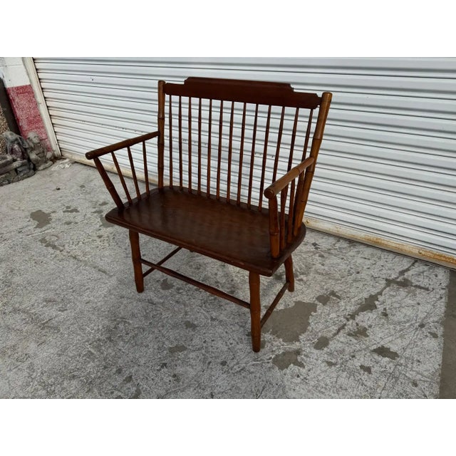 Brown Antique Pine Spindle Back Windsor Style Bench With Arms For Sale - Image 8 of 9