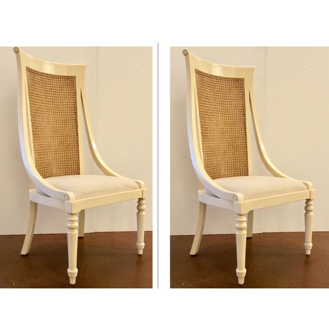 Transitional Cream Wood High Back Cane Chairs Pair Chairish