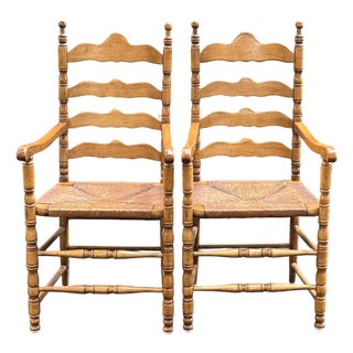 Pair of Rustic English Country Ladder-Back Armchairs With Woven Rush Seats For Sale