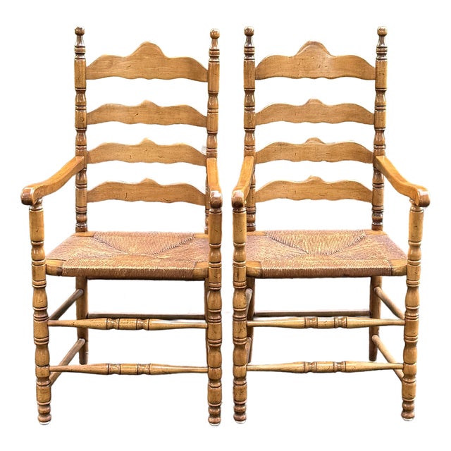 Pair of Rustic English Country Ladder-Back Armchairs With Woven Rush Seats For Sale