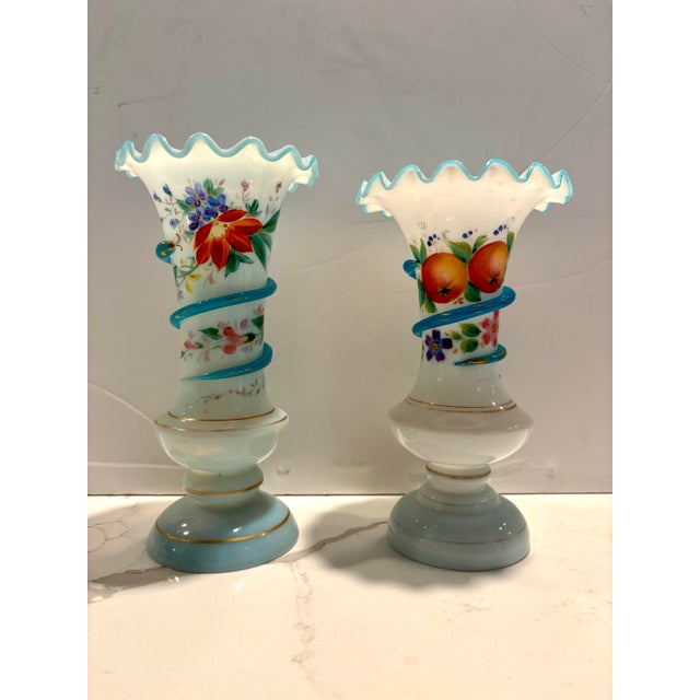 White Antique White Opaline Vases With Fruit, Flowers, and Glass Applied Snakes - A Pair For Sale - Image 8 of 11