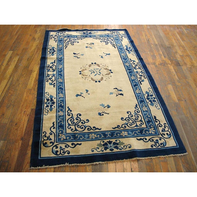 Antique Chinese Peking rug, measures: 4'3" x 6'6". Antique Floral Medallion Wool Hand Knotted Pile Ivory Beige Cream White...