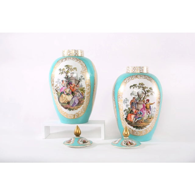 Late 19th Century 19th Century Hollywood Regency Gilt Porcelain Covered Urns - a Pair For Sale - Image 5 of 13