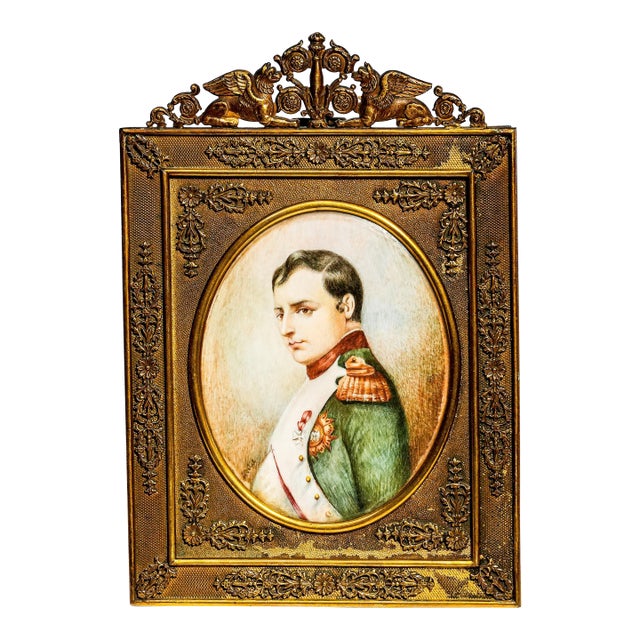 Ornate French Empire Style Antique Metal Frame Napoleon Portrait Miniature Painting Home Decor For Sale