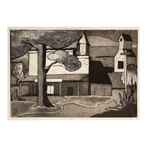 1940s Modern Cubist Village Etching