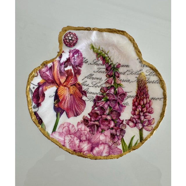 Coastal Hand Painted Floral Seashell Trinket Dishes With Gold Trim- Set of 3 For Sale - Image 3 of 4