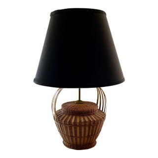 Vintage 1970s Wicker Basket Table Lamp For Sale