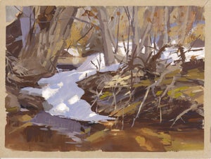 015 - Plein Air-Reynolds Park, CO, 3/2/22 by Judd Mercer | Gouache Landscape of a snowy stream and trees