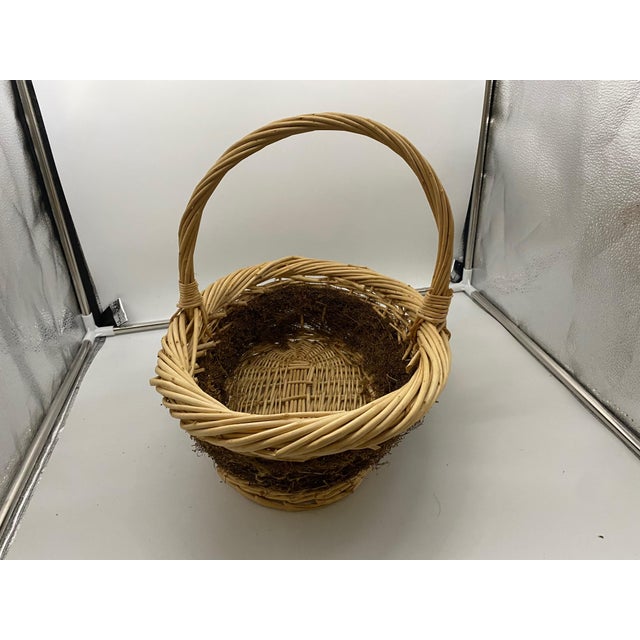 Vintage Oval Natural Wicker Gathering Basket With Handle, Moss Decoration For Sale - Image 11 of 15