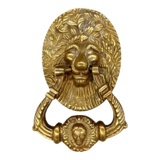 Vintage Solid Brass Lion Head Door Knocker — English Gothic Revival Style For Sale