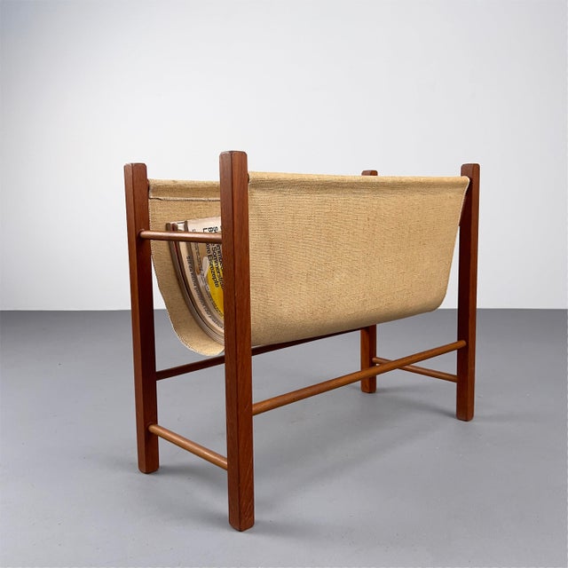 Wood Minimalist Geometric Teak Magazine Rack with Linen Loop, Denmark, 1960s For Sale - Image 7 of 7