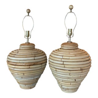 Vintage Palm Beach Coastal Large Rattan Table Lamps Newly Wired - a Pair For Sale