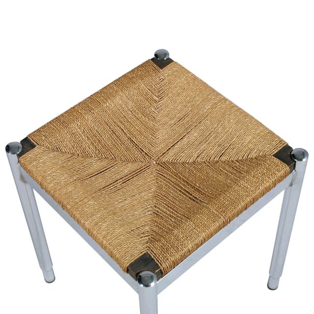 Set of Chromed Steel, Straw, & Mahogany Stools attributed to Gio Ponti for Cassina, 1960s For Sale - Image 3 of 5