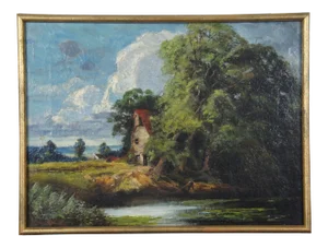 Antique European Fisherman River Cottage Oil Landscape on Canvas by Charles Martin