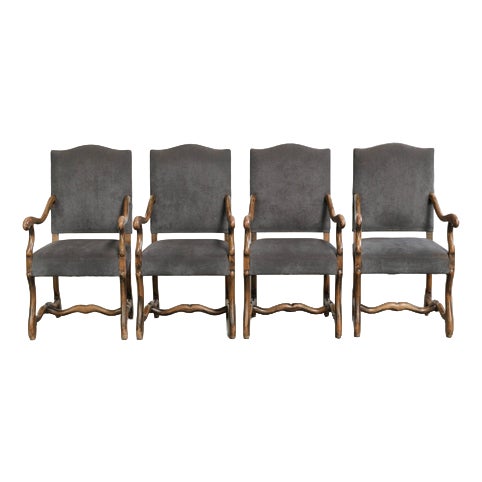 Late 19th Century Dining Chairs with Fabric Seats and Armrests with Wood Carvings, Set of 14 For Sale