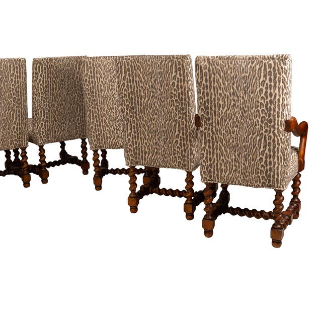 1980s Jacobean Style Barley Twist Dining Chairs in Leopard Print Upholstery – Set of 10 For Sale - Image 15 of 18