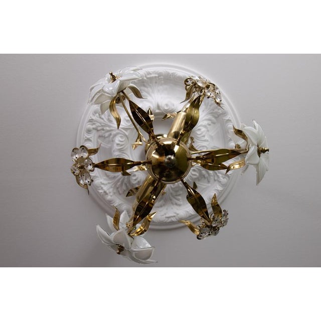 Hollywood Regency Style White Murano Glass Flower and Metal Chandelier, 1980s For Sale - Image 11 of 18