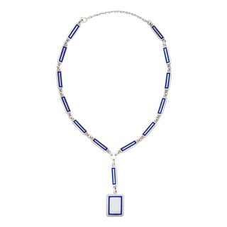 70s Vintage Gucci Drop Necklace Sterling Silver Blue Enamel Square Links 21" For Sale