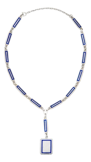 70s Vintage Gucci Drop Necklace Sterling Silver Blue Enamel Square Links 21"