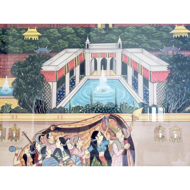1940s Mid-Century (WWII Era) Custom Hand-Painted Silk Depicting Royal Rajasthan Palace Celebration For Sale - Image 4 of 9