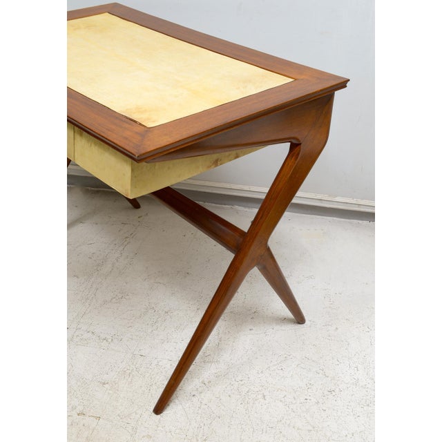 Beige Sculptural Italian Mid-Century Mahogany and Parchment Desk With Three Drawers For Sale - Image 8 of 10