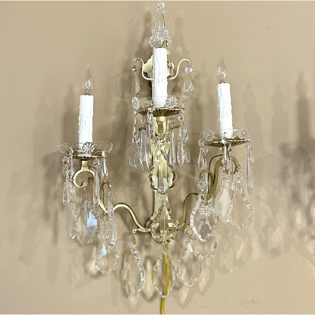 Pair of Vintage Solid Brass and Cut Crystal Wall Sconces For Sale - Image 11 of 18